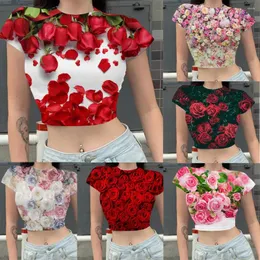 Kvinnors T-skjortor Hoxixib Rose Flower Kvinnkläder Färg 3D Grafisk Stitch Crop Top T-shirt Plant Sexig Slim High midje Summer Gym Tees