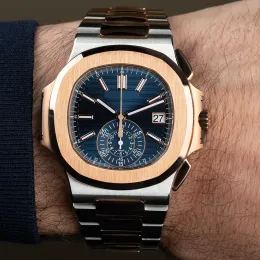 Relógio masculino pp5980 automático mecânico rosa ouro movimento pulseira de aço inoxidável duplo design data display relógio de pulso esportivo