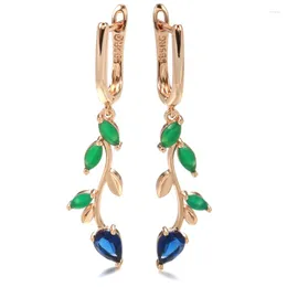 Dangle Earrings Kinel Long Leaf Drop for 585 Rose Gold with Zircon Zircon English Lock Women Vintage Jewelry Accessory