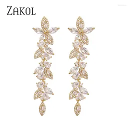 Dangle Earrings ZAKOL Luxury Flower Cubic Zirconia Long For Women Marquise Cluster Leaf Drop Earring Bridal Wedding Jewelry