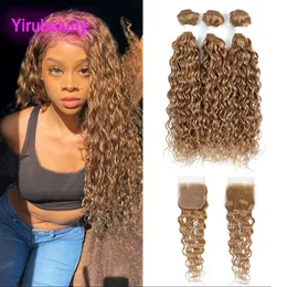 Yirubeauty Water Wave 27# Farbe 3 Bundles mit 4X4 Lace Frontal freiem Teil 10-30 Zoll reine Farbe brasilianisches 100 % Echthaar