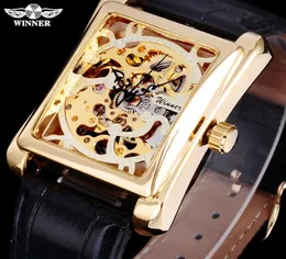 Winnaar Merk Horloges Mannen Rechthoek Mechanische Hand Wind Horloges Mannelijke Gouden Skeleton Wijzerplaat Kunstleer Horloges SLZa627161828