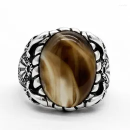 Pierścienie klastra pierścionek turecki solidny 925 srebrny srebrny mężczyzna naturalny agat kamień retro moda trend butikowy prezent dla męża