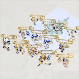 Pins Brooches Lucky Eye Blue Turkish Evil Eyes Pin For Women Men Fashion Gold Sier Color Drop Oil Palm Charm Brooch Jewelry Delivery Dhngx