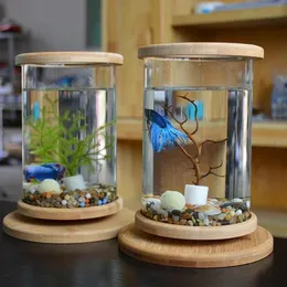 Akvarier 360 grader roterande glas betta fiskbehållare bambu bas mini dekoration rotera skål akvariumtillbehör för kontor253h