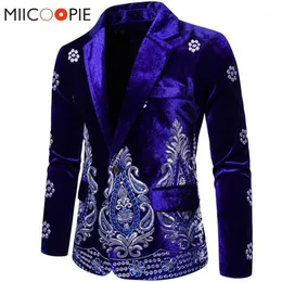 Blue Velvet Mens Floral Blazer Luxury Silver Thread Brodery Single Button Wedding Suits For Men Social Veste Mariage Homme12093