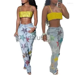 Women's Jeans Women's Jeans 2023 Womens Denim Trousers Sequined Printed Pants Ripped Five-Pointed Star Torn x0914