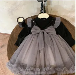 Flickor klänningar detaljhandel faller långärmad baby big bow mesh klänning prinsar söta kläder 26 t 230914