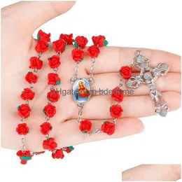 Pendant Necklaces Red Rose Beads Rosary Necklace Christian Cross Soft Y Rosaries Long Relius Jewelry For Women Girls Fashion Will And Dhvsq