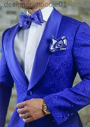 دعاوى الرجال للرجال العريس Tuxedos Blue Paisley Men Wedding Tuxedos Shawl Lapel Men Jacket Blazer Fashion Men Dinn/Darty Suit (Jacket+Pants+Tie) 1228 L230914