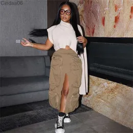 Spring Designer 2023 Women Designer Skirts Solid Color High Waist Zip Splice Large Pocket Loose Heavy Workwear Cargo Dress S-XL