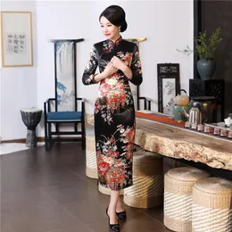 Shanghai story longo qipao floral cheongsam vestido tradicional chinês manga comprida vestido longo de seda falsa 237w