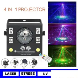 레이저 조명 DJ 라이트 4 in 1 혼합 효과 LED 패턴 램프 스트로브 램프 리모컨 사운드 활성화 스테이지 조명 DMX 홈 DHZGQ
