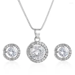 Necklace Earrings Set Elegance Round Shaped Zircon Office Lady Crystal Rhinestone Stud Pendant Women Accessory