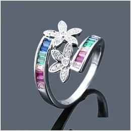 Band Rings Design Rainbow Flower Cz Ring Women Gift Gold Color Leaves Austrian Zircon Fashion Crystal Jewelry Wholesale Drop Delivery Dhnm0