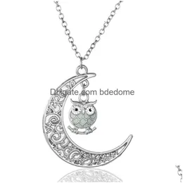 Pendant Necklaces Cartoon Mticolor Luminous Owl Necklace Moon Glowing In The Dark Animal Charm Fashion Jewlery For Women Kid Gift Will Dh2Kg