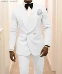Mäns kostymer Blazers White Men Wedding Tuxedos Shawl Lapel Groom Suits Blazer 2 Piece Dobby Prom Party Dinner Jacket Attire Custom Made (Jacket+Pants+Bow) L230914