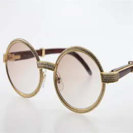 Ganzholz-Sonnenbrille mit kleineren und großen Steinen, rund, 7550178, Vintage-Unisex-Sonnenbrille, 18 Karat Gold, Brille, braune Linse, hohe Qualität, C D2433