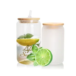 CA USA Warehouse16oz Frosted Clear Coffee Soda Shaped Beer Can Glass Cup SubliMation Jar with Bamboo Lid
