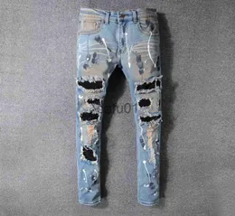 Herr jeans mode2023 design märke ami jeans kläddesigner byxor off road panther blac mens smala denim rak cyklist hål hip hop x0914