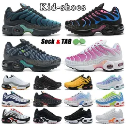 Autêntico Tn Plus Kids Shoes Rosa Fade Miami Vice Preto Branco Listrado Tênis de corrida Meninos e Meninas Tênis Criança Infantil Sapato Criança Sapato Ao Ar Livre Treinadores Tamanho Grande 4y