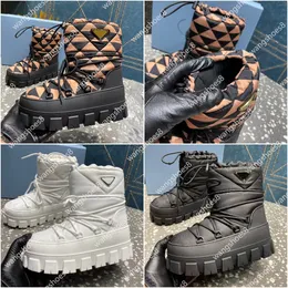 Plaque-Schneestiefel, Designer-Nylon-Gabardine-Apres-Ski-Lammfellstiefel, luxuriöse Damen-Herbst-Winter-Logo, wasserdichter Stoff, warme große Zähne, dicke Sohle, Schneestiefel, Größe 35–42