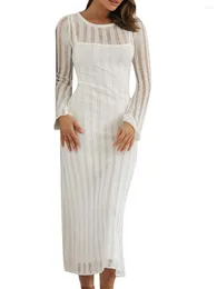 Повседневные платья, женское трикотажное платье макси с длинным рукавом Y2K, вязаное крючком, ажурное миди, приталенный пляжный купальник, накидка