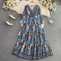 Casual Dresses Retro Floral Women Midi Dress Long Sleeve Front Back V Neck National Trench Bohemian Beach Wear Outfits