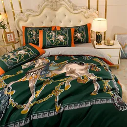 Set di biancheria da letto di design king size arancione di lusso in cotone stampato cavallo queen size copripiumino lenzuolo moda federe consolatore set302s