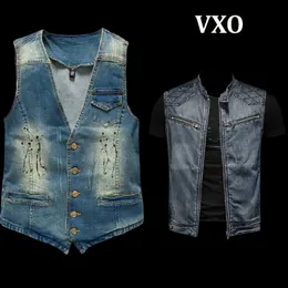 Mäns västar Vxo Men denim Rippade Street Punk Style Hip Hop Jean Waistcoat Cowboy Outwear Sleeveless Jacket 230914