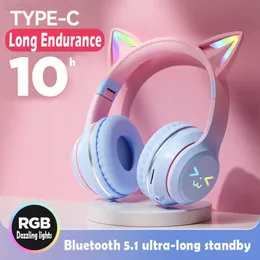 Fones de ouvido de telefone celular Orelhas de gato Headset RGB Light Smile Face TWS Headset Gradiente Novo fone de ouvido rosa menina fone de ouvido presente adequado para qualquer telefone L230914