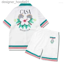 Damskie dresy męskie dresy dla mężczyzn 2023 Tennis Flowers Stripes Mężczyznę Krótki zestaw T Shrt Hawaii plażowy garnitur Hip Hop Shirt Shorts Para garnitury L230914