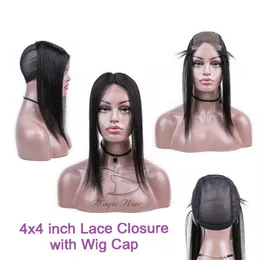 4 4 tum rak spetsstängning med Wig Cap Natural Color Brasilian Straight Hair Middle Part 100% Human Hair Closure303R