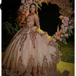 Розовое золото платье для мяча Quinceanera Sparkly возлюбленная без спинка сладкое 16 платья платья.