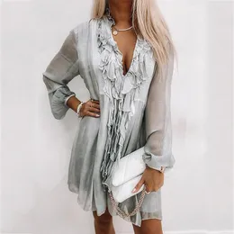 Casual Dresses Autumn Women Fashion Mesh Party Elegant Long Sleeve Loose Chiffon Dress Sexy V Neck Ruffle Ladies Beach Mini