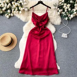 Casual Kleider Foamlina Sommer Sexy Frauen Satin Kleid Solide V-ausschnitt Spaghetti Strap Ärmellos Drapierte Vorne Hohe Taille A Linie party Lange