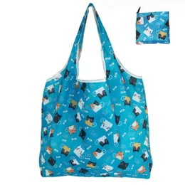 10pcs Foldable Shopping Bag Reusable Travel Grocery Bag Eco-Friendly Cartoon Cat Dog Cactus Lemon Printing Tote Bag handbag