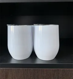 Bicchieri bianchi per sublimazione a forma di uovo Bicchieri da vino isolati sotto vuoto in acciaio inossidabile a doppia parete senza stelo da 12 once con coperchio scorrevole e cannuccia