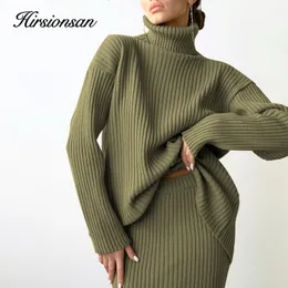 Two Piece Dress Hirsionsan Elegant Knitted Sets Women 2023 Casual Two Pieces Turtle Neck Sweater and Midi Skirt Female Warm Suits with Skirt 230912