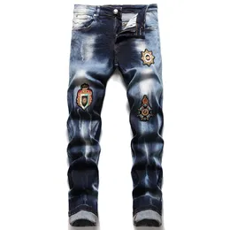 Moda rasgado jeans masculino pintura bordado pentagrama estiramento magro calças versátil masculino em linha reta casual streetwear278a