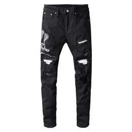 Sokotoo Men's snake embroidered black ripped jeans Slim skinny holes patchwork stretch denim pants T200614264V