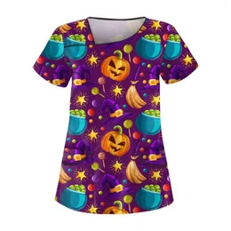 T-shirt da donna T-shirt delicata sulla pelle Cartoon testa di zucca stampa manica corta Halloween casual con tasca abiti da donna