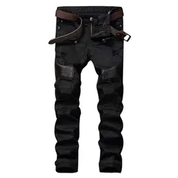 ファッションデザイナーのメンズリッピングバイカージーンズレザーパッチワークスリムフィットブラックモトデニムジョガー男性の苦しめられたジーンズパンツ210E