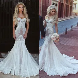 Stylish Lace Mermaid Wedding Gown Sexy Off Shoulder Sleeveless Applique Lace-Up Open Back Wedding Dress Custom Made Sweep Train Br184W