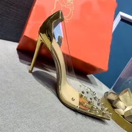 Sivri perçinler temiz deri altın stiletto yüksek topuklu kadınlar lüks tasarımcı ziyafet kıdemli şehvetli parti ayakkabıları düğün ayakkabıları boyutları 35-42 +kutu