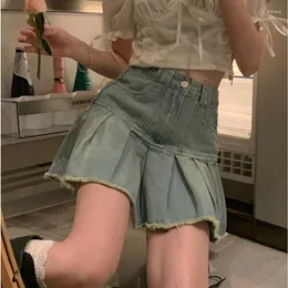Skirts Denim For Women Female Spring Summer High Waist Oversize Slimming Chic Frilled A-Line Pleated Skirt Students Mokijins
