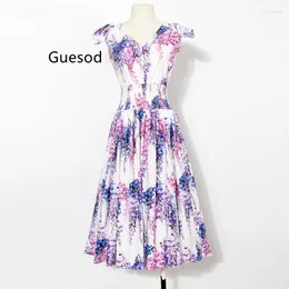 Vestidos casuais mulheres vestido de algodão 2023 feminino bandagem popeline designer v-pescoço wisteria impressão expansão inferior espaguete cinta