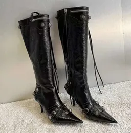 Women's dermis stiletto Knee length boots tassel pointed locomotive stud buckle embellished side zip Luxury designer factory footwear Slim and slim