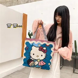 Anime Canvas Bag Jacquard Embroidery Cartoon Bag Cute One Shoulder Bag Network Red Women's Bag Handheld Student Shopping Bag