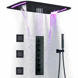 710*430 mm Tavan Gizli Montajlı Montajlı Yağış Sisi Suyu Sütun LED Duş Seti Termostatik Mat Siyah Duş